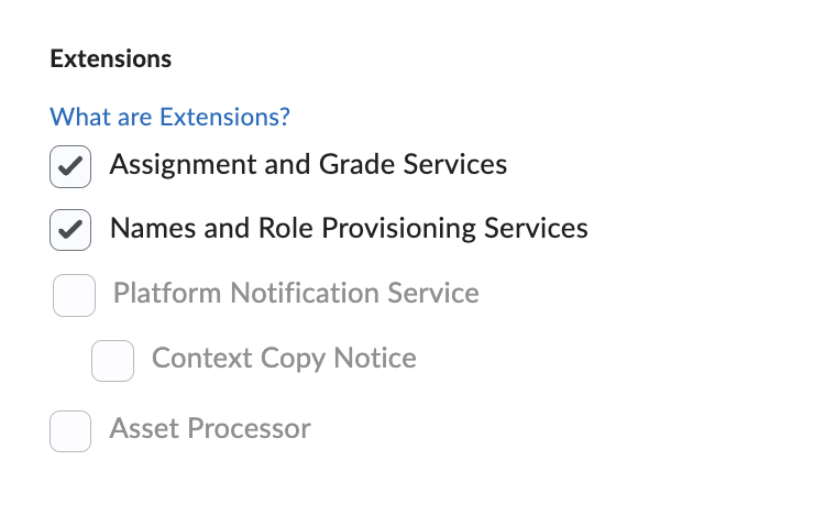 A screenshot of the extensions from the deployment page in D2L with these checked off: Assignment and Grading Services, and Names and Role Provisioning Services
